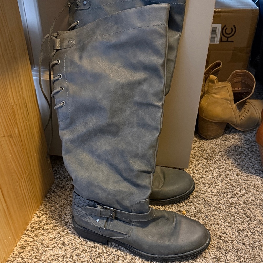 Gray, knee high boots